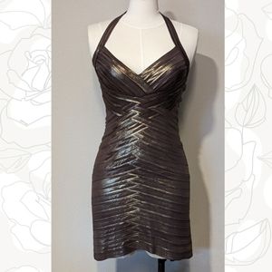 BCBG gold cocktail halter dress